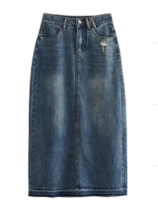 Matty Acid Blue Denim Zipper Fly Side Pockets Midi Skirt