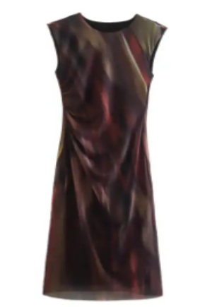 Harris Brown Red Abstract Print Crew Neck Sleeveless Ruched Side Midi Dress