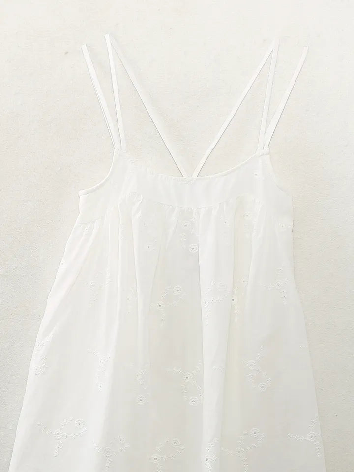 Sheilyn White Eyelet Double Thin Strap Side Zipper Mini Dress