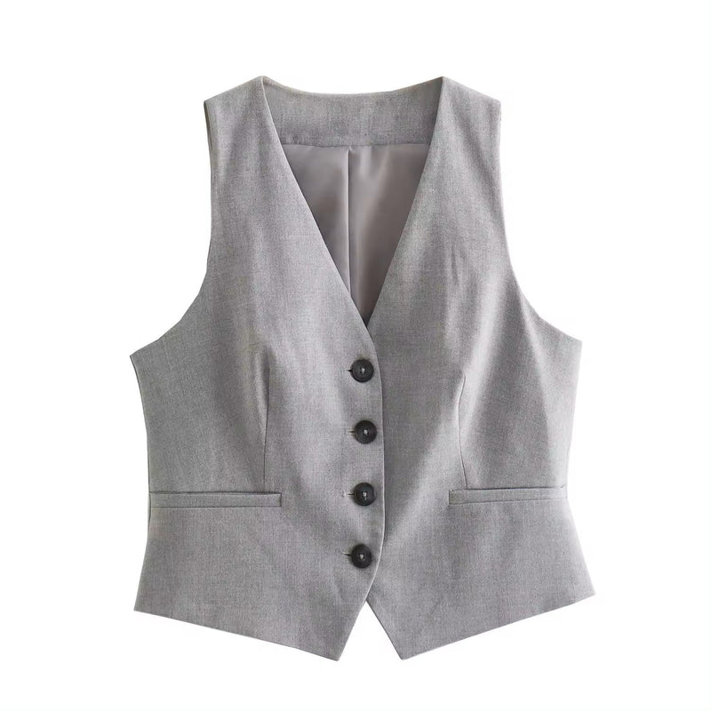 Sidra Gray V Neck Single Breasted Button Closure Casual Waistcoat Vest