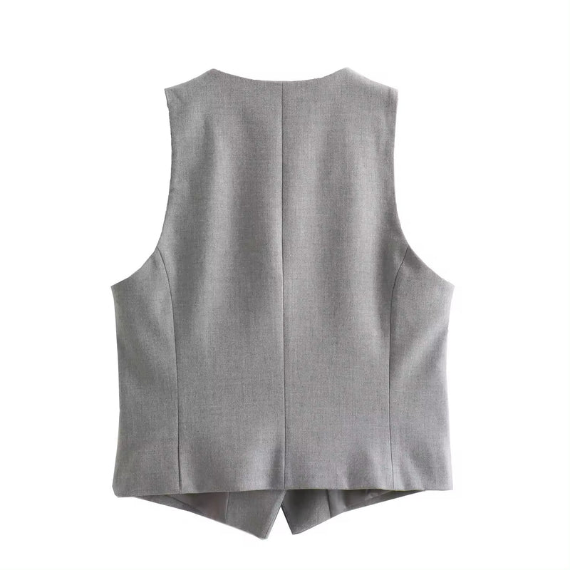 Sidra Gray V Neck Single Breasted Button Closure Casual Waistcoat Vest