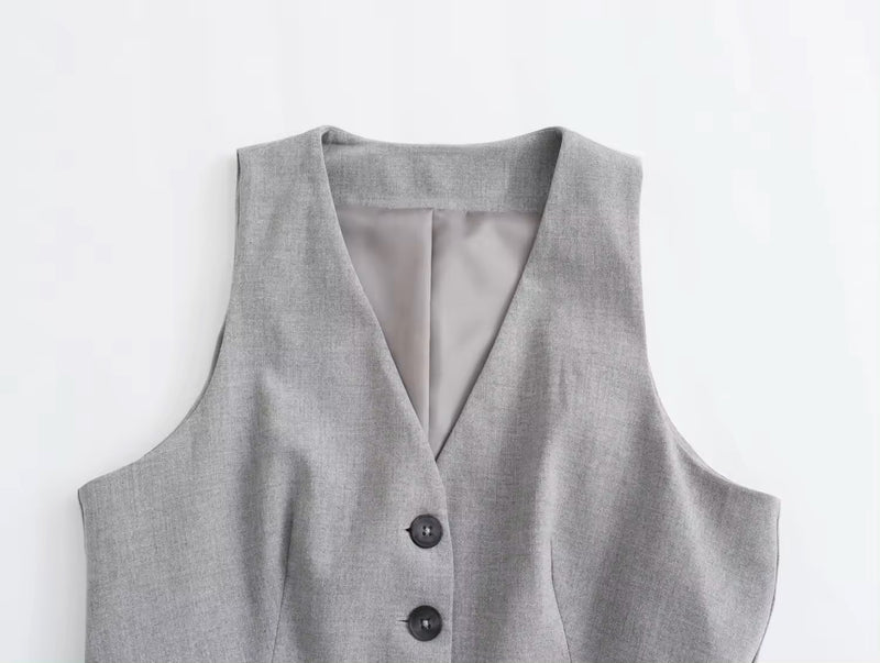 Sidra Gray V Neck Single Breasted Button Closure Casual Waistcoat Vest