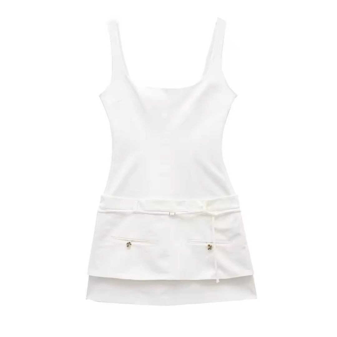 Siren White Square Colar Sashes Mini Dress
