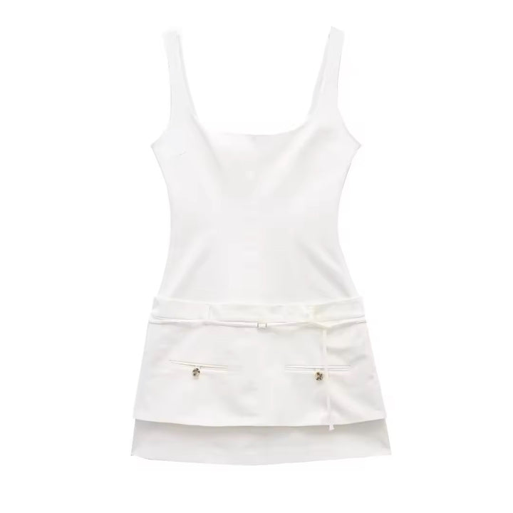 Siren White Square Colar Sashes Mini Dress