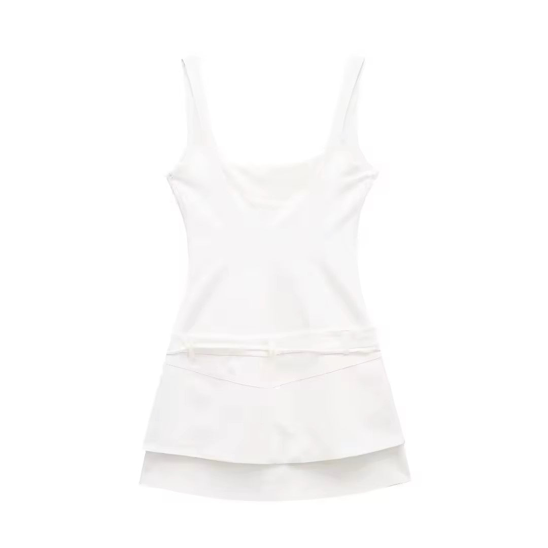 Siren White Square Colar Sashes Mini Dress