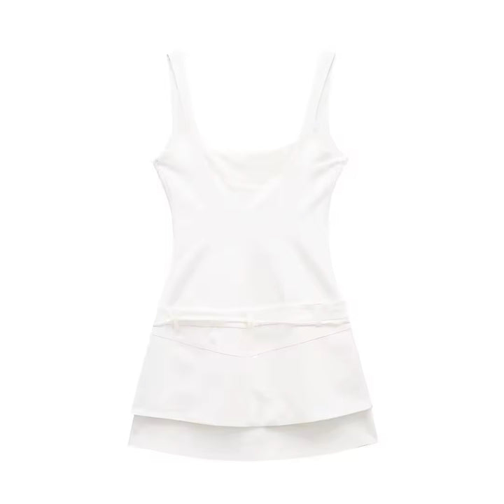 Siren White Square Colar Sashes Mini Dress