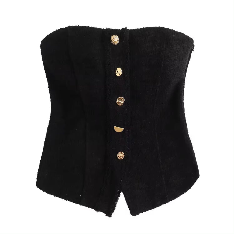 Sunisa Black Faux Fur Gold Button Up Casual Tube Top