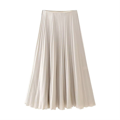 Sylvia Beige Pleated Elastic Waist A-Line Midi Skirt