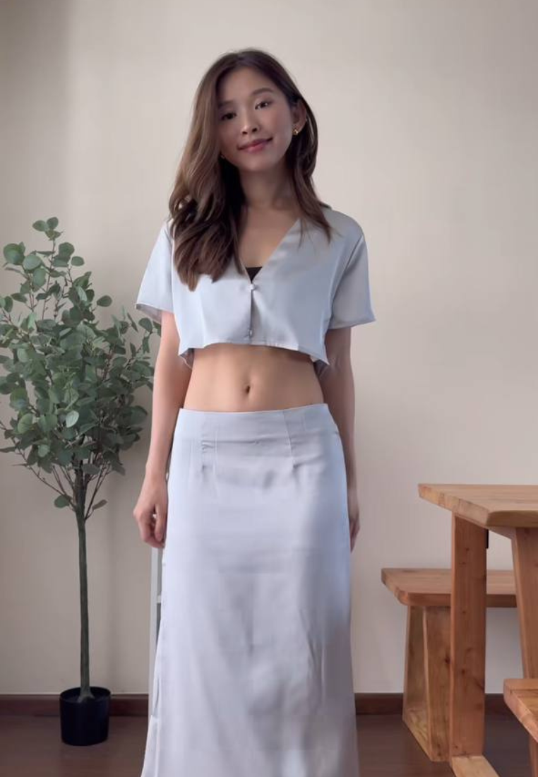 Edge Grey V Neck Turn Down Collar Buttons Up Short Sleeve Crop Top