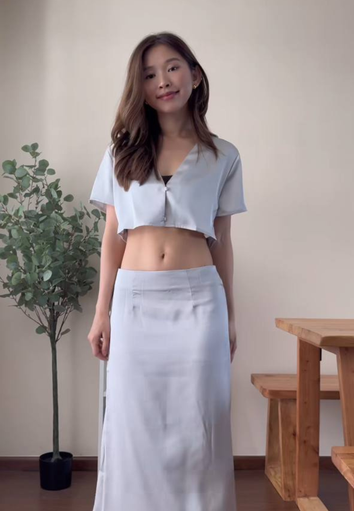 Edge Grey V Neck Turn Down Collar Buttons Up Short Sleeve Crop Top
