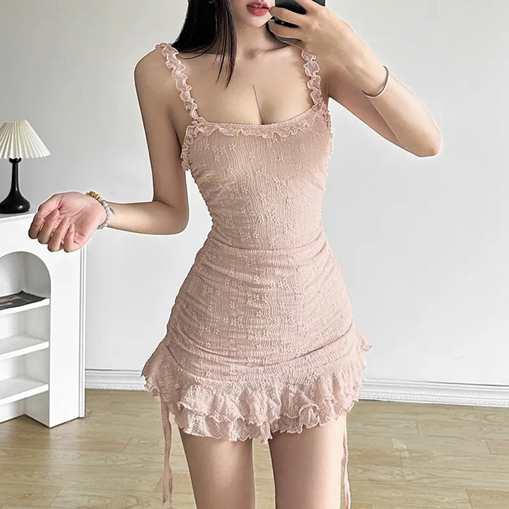 Viela Pink Bodycon Sleeveless Layered Ruched Strap Slip Floral Mini Dress