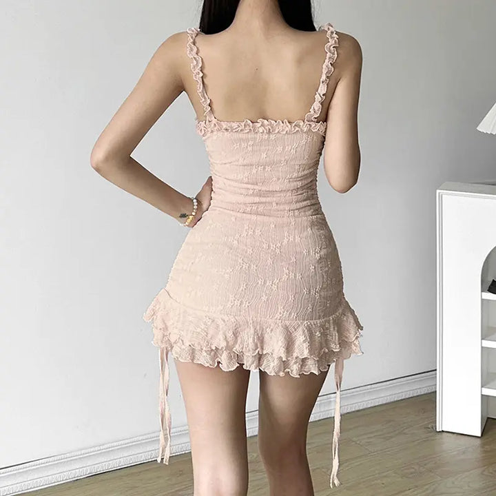 Viela Pink Bodycon Sleeveless Layered Ruched Strap Slip Floral Mini Dress