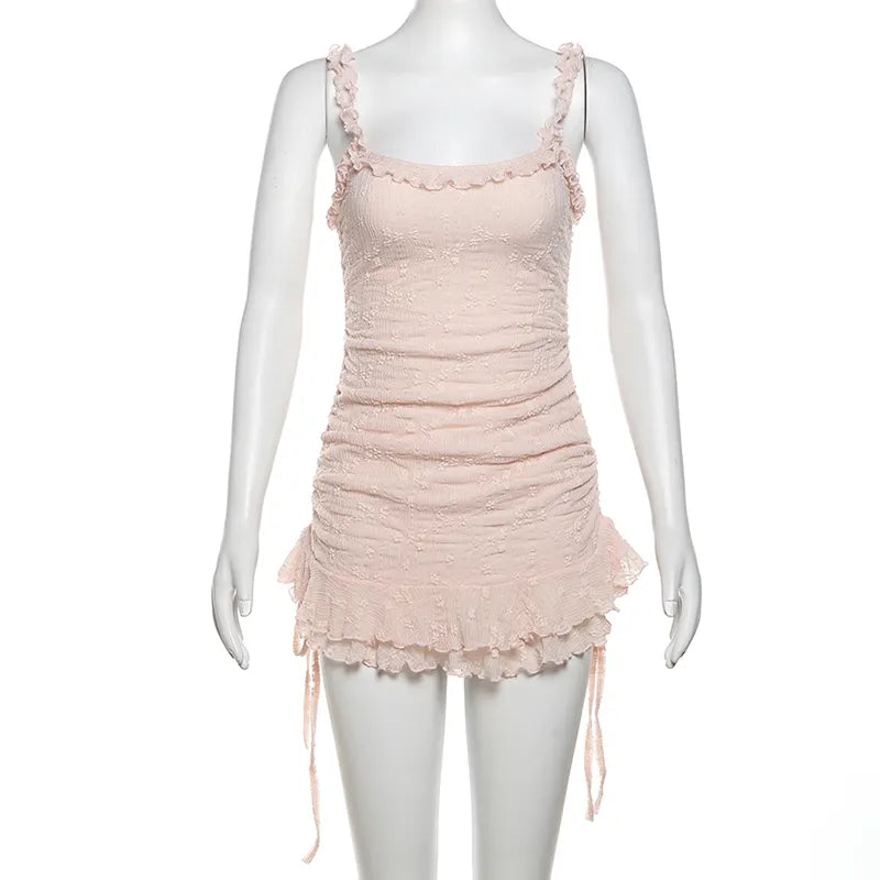 Viela Pink Bodycon Sleeveless Layered Ruched Strap Slip Floral Mini Dress