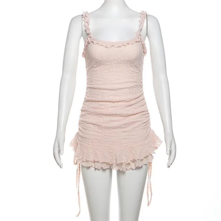 Viela Pink Bodycon Sleeveless Layered Ruched Strap Slip Floral Mini Dress