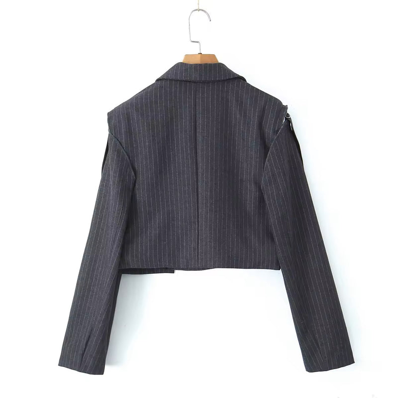 Vanze Gray Stripes Notched Collar Double Breasted Long Sleeves Cropped Blazer