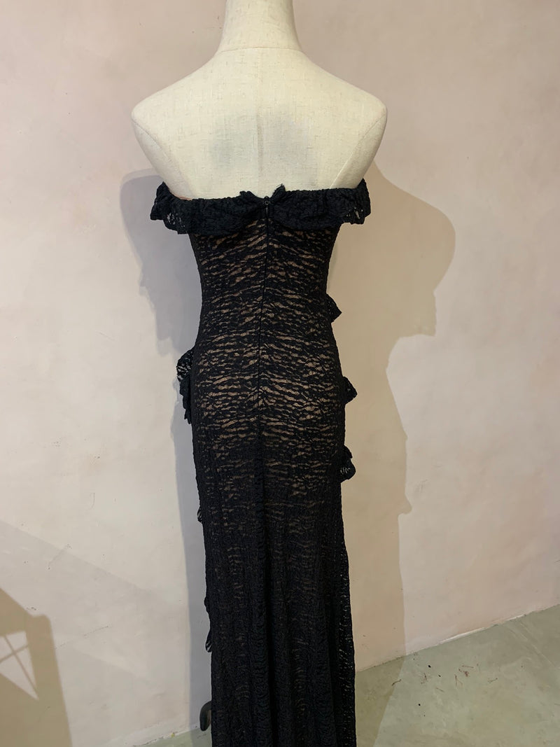 Kestrel Black Velvet Ruffle Tube Midi Dress