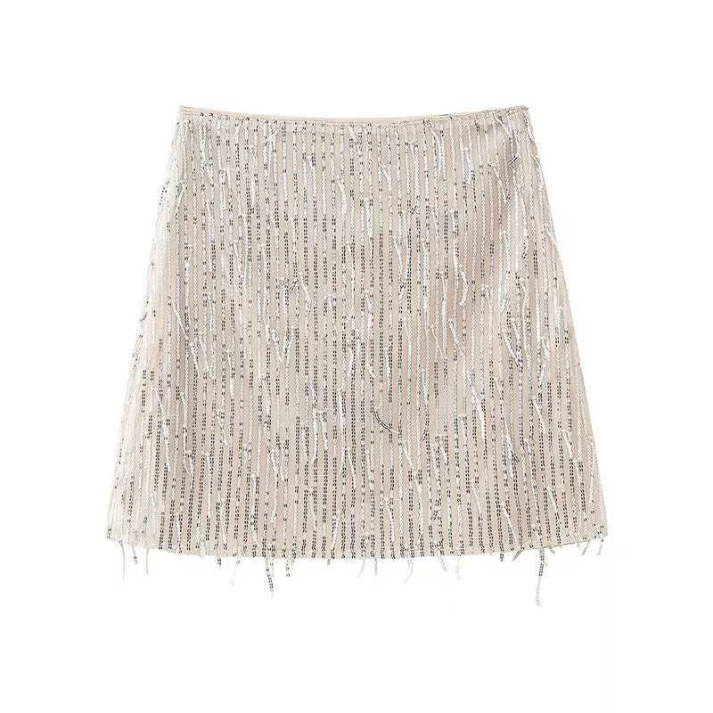 Von Beige Sequins Tassel Zipper Fly Mini Skirt