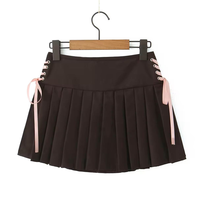 Wendelle Wallnut Brown Pleated Lace Up Side Zipper Coquette Mini Skirt