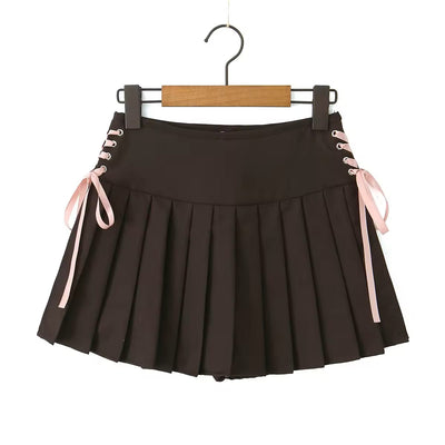 Wendelle Wallnut Brown Pleated Lace Up Side Zipper Coquette Mini Skirt