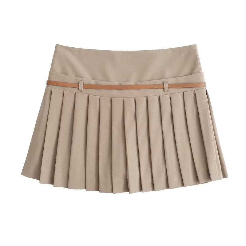 Westley Sand Beige Sashes Pleated Zipper Fly Mini Skirt