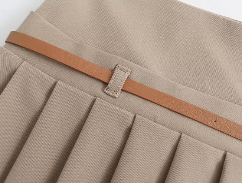 Westley Sand Beige Sashes Pleated Zipper Fly Mini Skirt