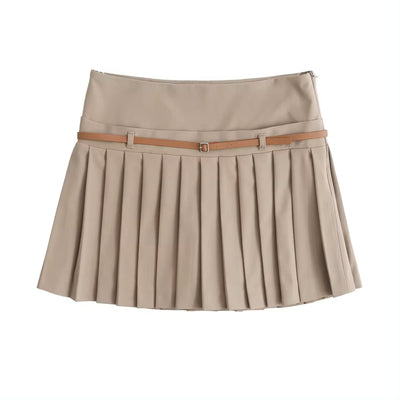 Westley Sand Beige Sashes Pleated Zipper Fly Mini Skirt