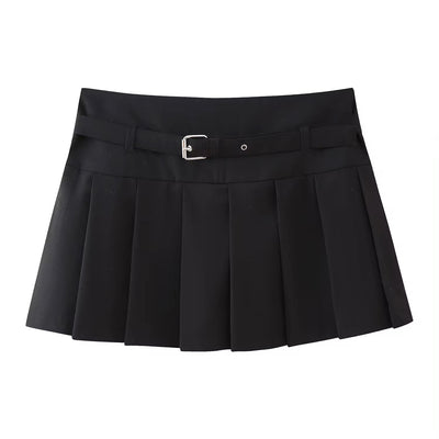 Winslow Black Pleated Sexy Mini Skirt with Belt