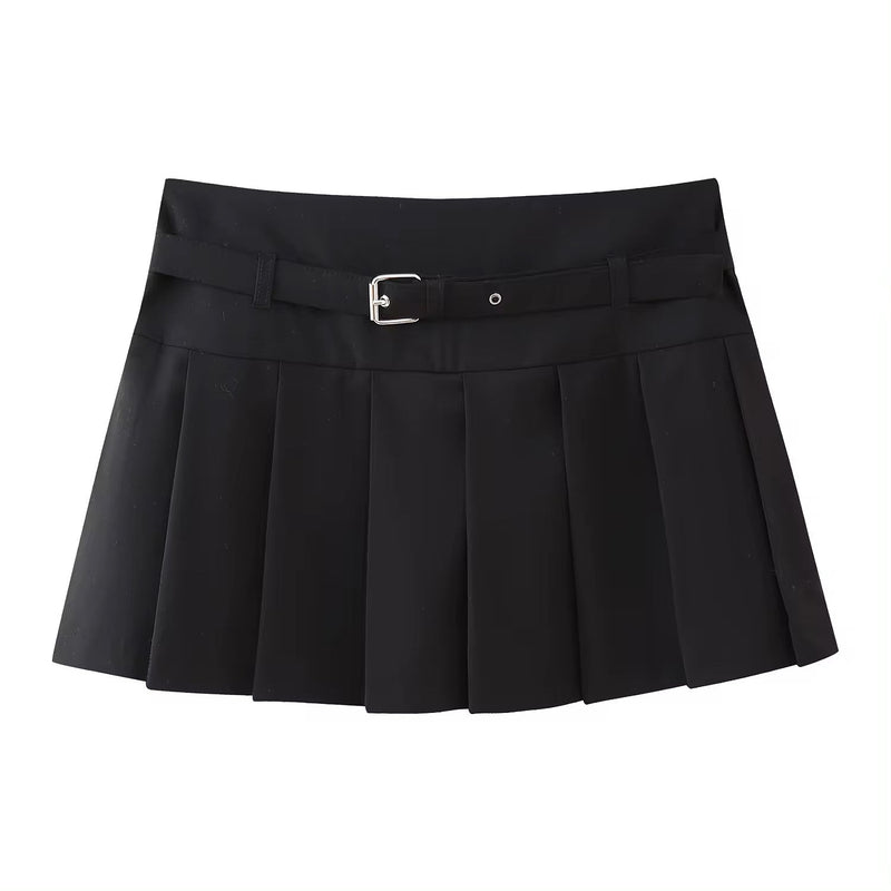 Winslow Black Pleated Sexy Mini Skirt with Belt