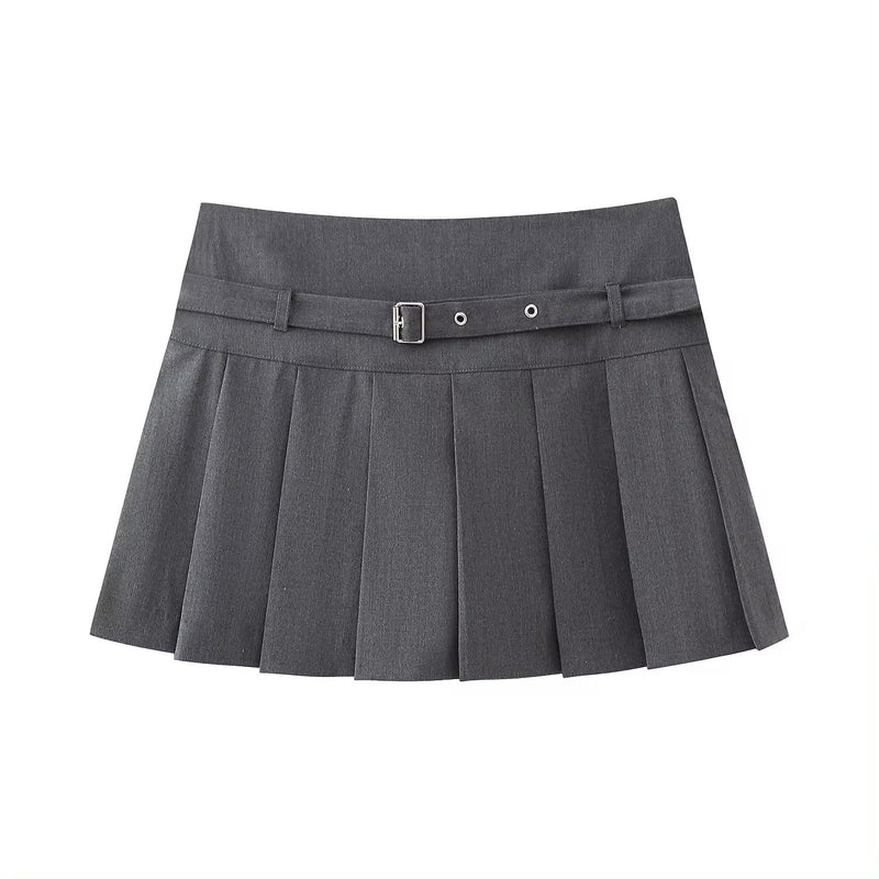 Winslow Moon Gray Pleated Sexy Mini Skirt with Belt