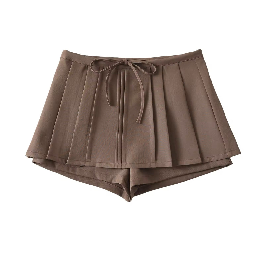 Wisdom Mocha Brown Drawstring Waist Pleated Sexy Mini Skort