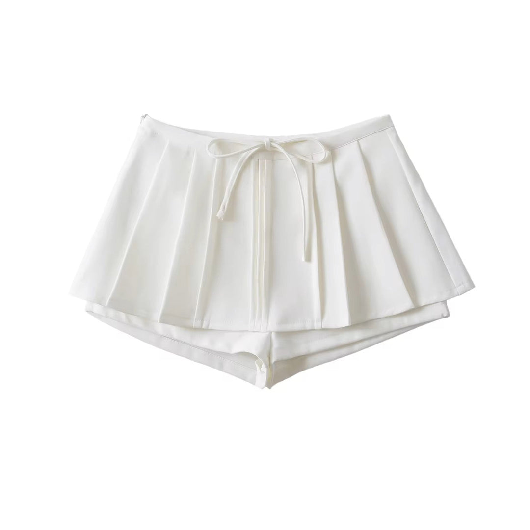 Wisdom White Drawstring Waist Pleated Sexy Mini Skort