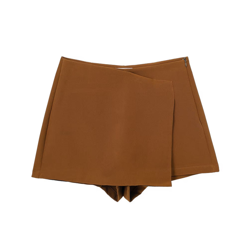 Emerie Caramel Brown Overlap Side Zipper Casual Mini Skort