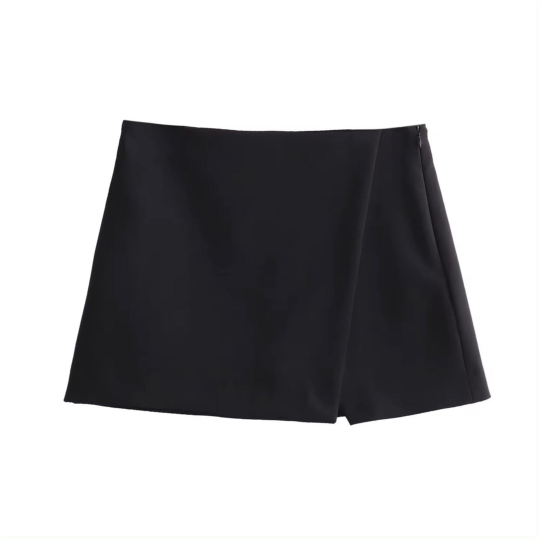 Wren Black Front Overlap Side Zipper Casual Mini Skorts