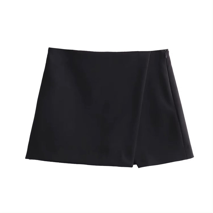 Wren Black Front Overlap Side Zipper Casual Mini Skorts