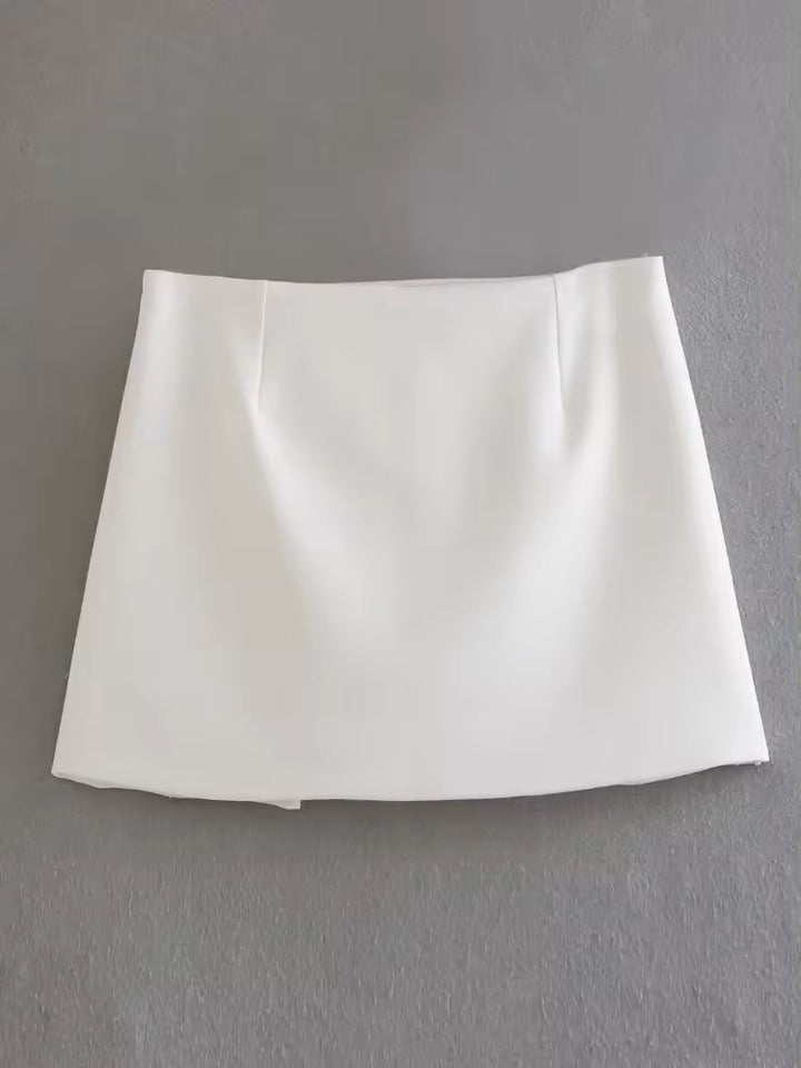 Wren Ivory White Front Overlap Side Zipper Casual Mini Skorts