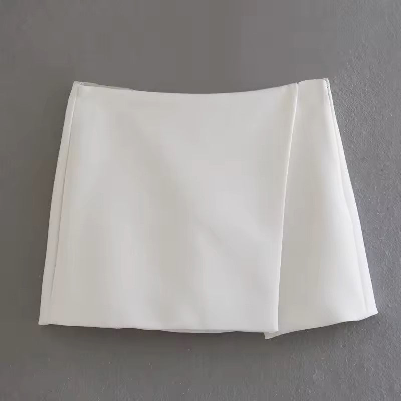 Wren Ivory White Front Overlap Side Zipper Casual Mini Skorts