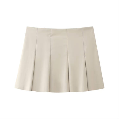 Wynona Beige Faux Leather Wide Pleats Mini Skirt