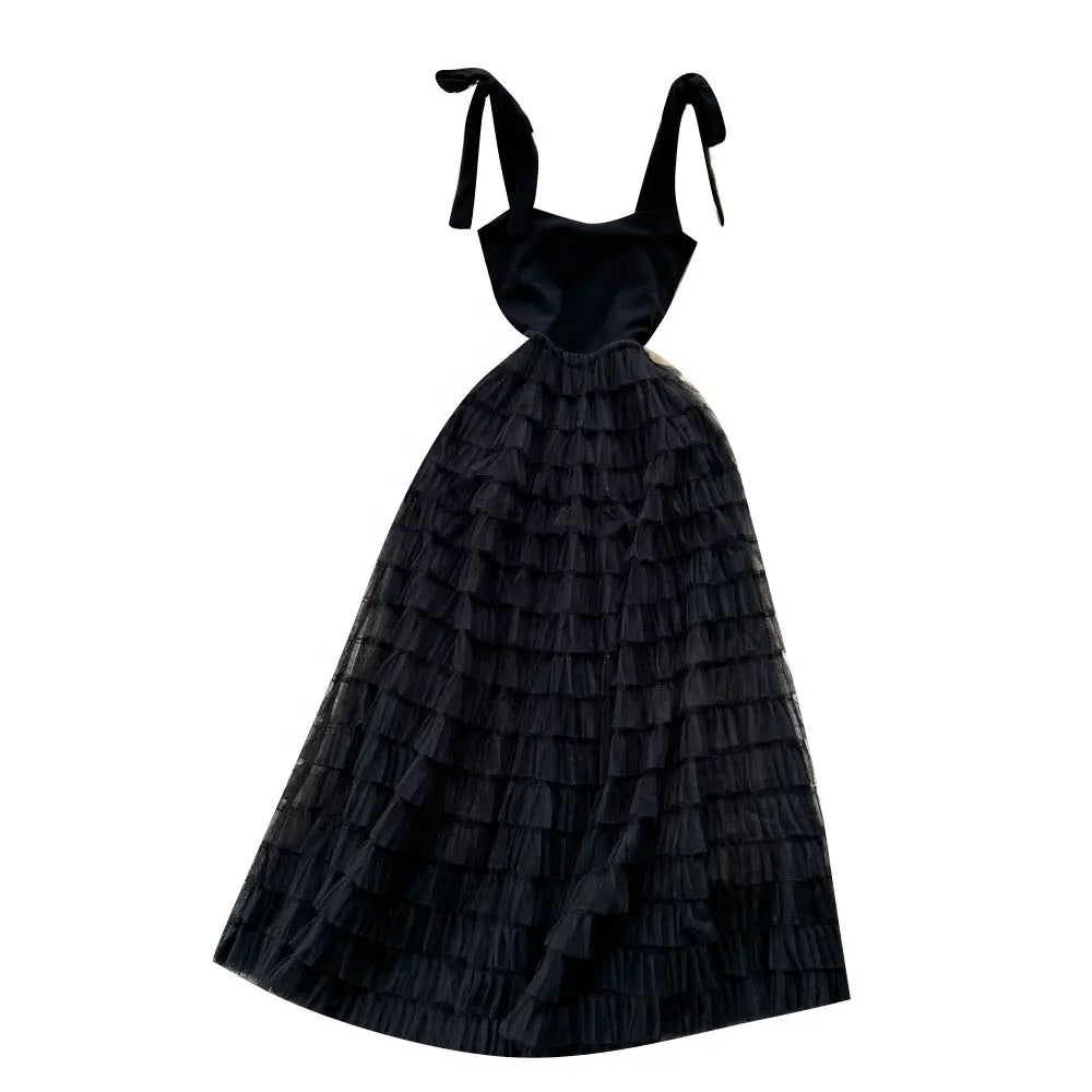 Wynx Black Self Tie Cascading Ruffle Midi Dress