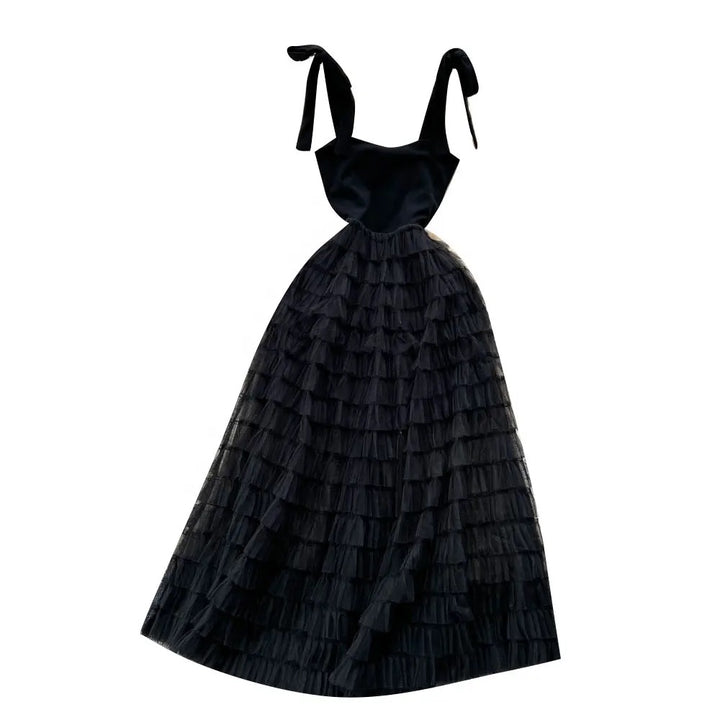 Wynx Black Self Tie Cascading Ruffle Midi Dress