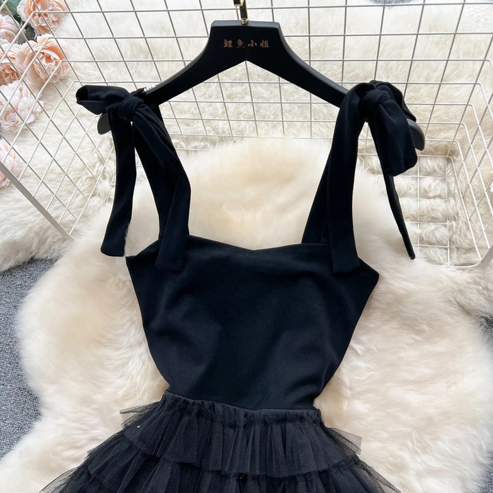 Wynx Black Self Tie Cascading Ruffle Midi Dress