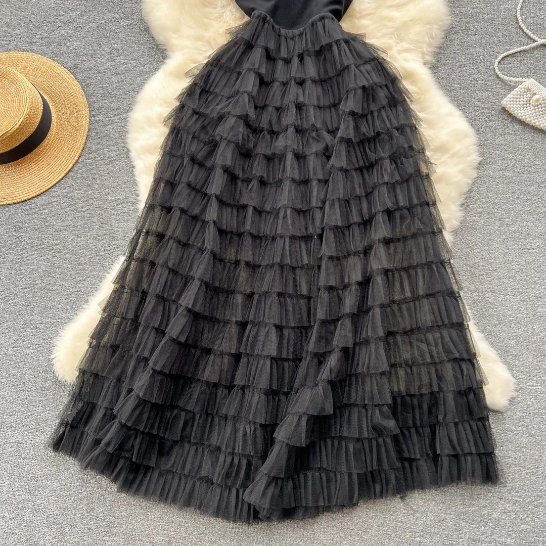 Wynx Black Self Tie Cascading Ruffle Midi Dress