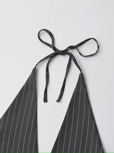 Xael Gray Stripes V Neck Halter Self Tie Button Sleeveless Top