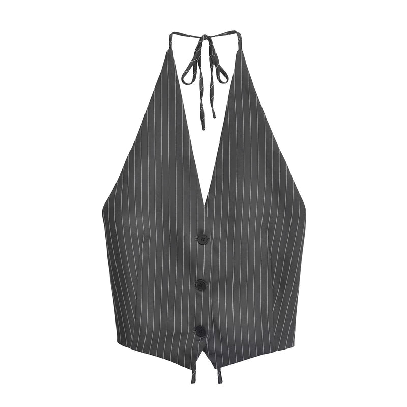 Xael Gray Stripes V Neck Halter Self Tie Button Sleeveless Top