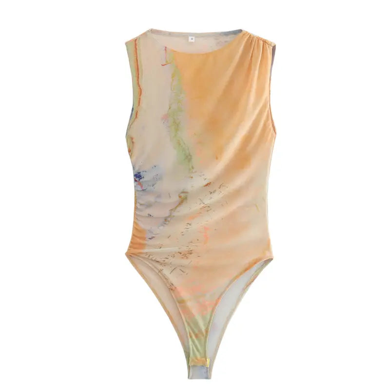 Xania  Beige Tie Dye Crew Neckline Pleated Side Mesh Sleeveless Bodysuit