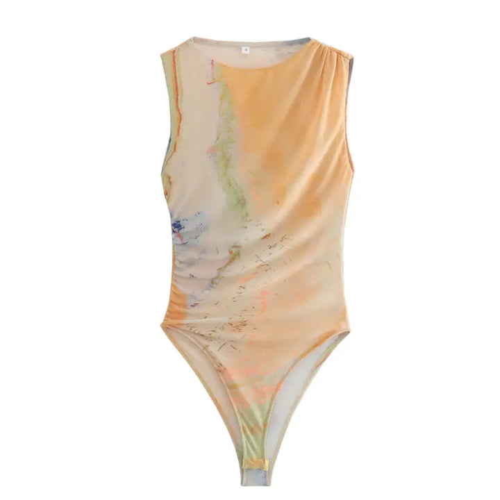 Xania  Beige Tie Dye Crew Neckline Pleated Side Mesh Sleeveless Bodysuit