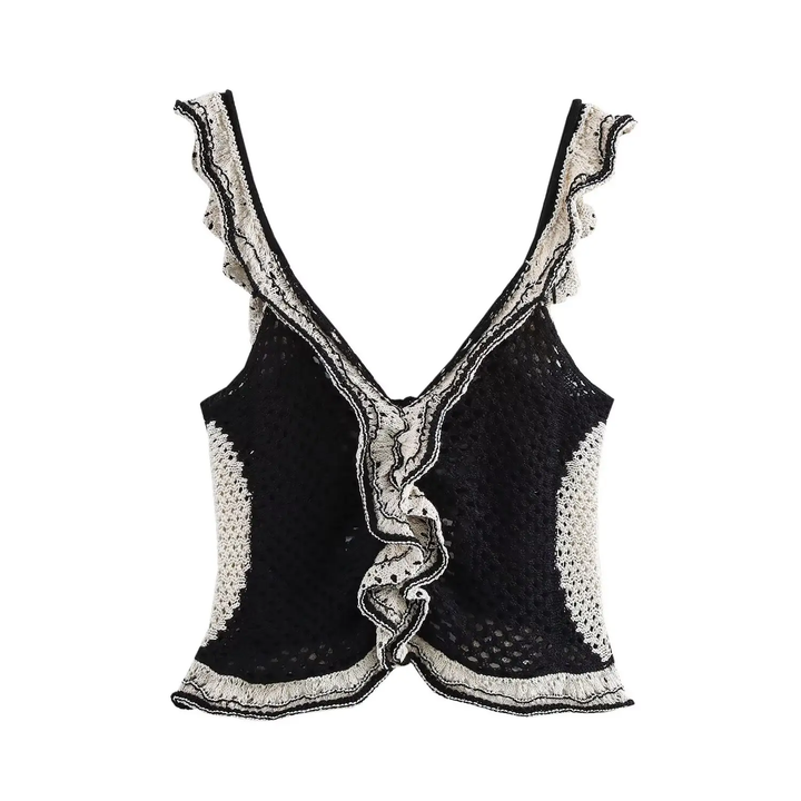 Xhen Black And White Hollow Vest Layered Jacquard Sleeveless Knitted Top