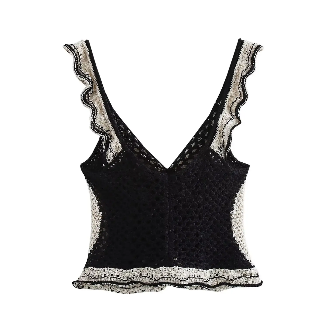 Xhen Black And White Hollow Vest Layered Jacquard Sleeveless Knitted Top