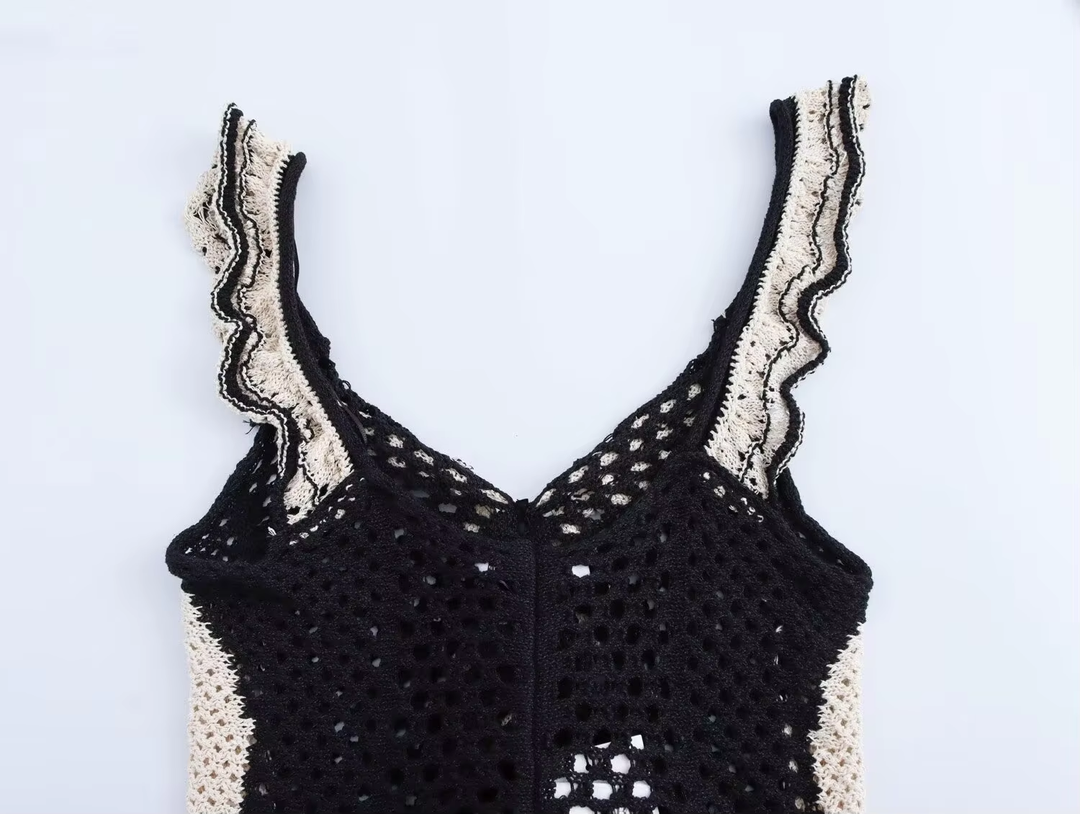 Xhen Black And White Hollow Vest Layered Jacquard Sleeveless Knitted Top