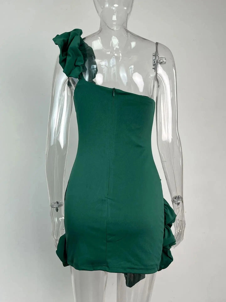 Yuka Emerald Green Big Flower Hem Sleeveless Bodycon Ruffle Mini Dress