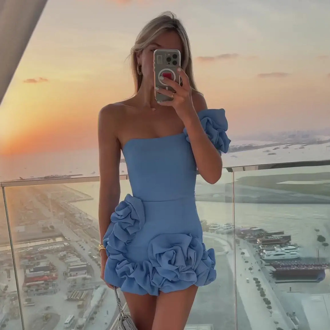 Yuka Blue Big Flower Hem Sleeveless Bodycon Ruffle Mini Dress